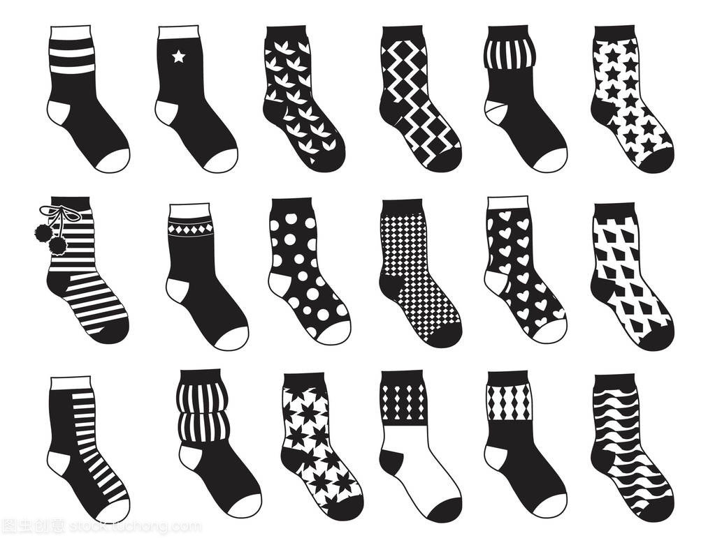 孩子的剪影襪子與不同模式。矢量單色插圖隔離